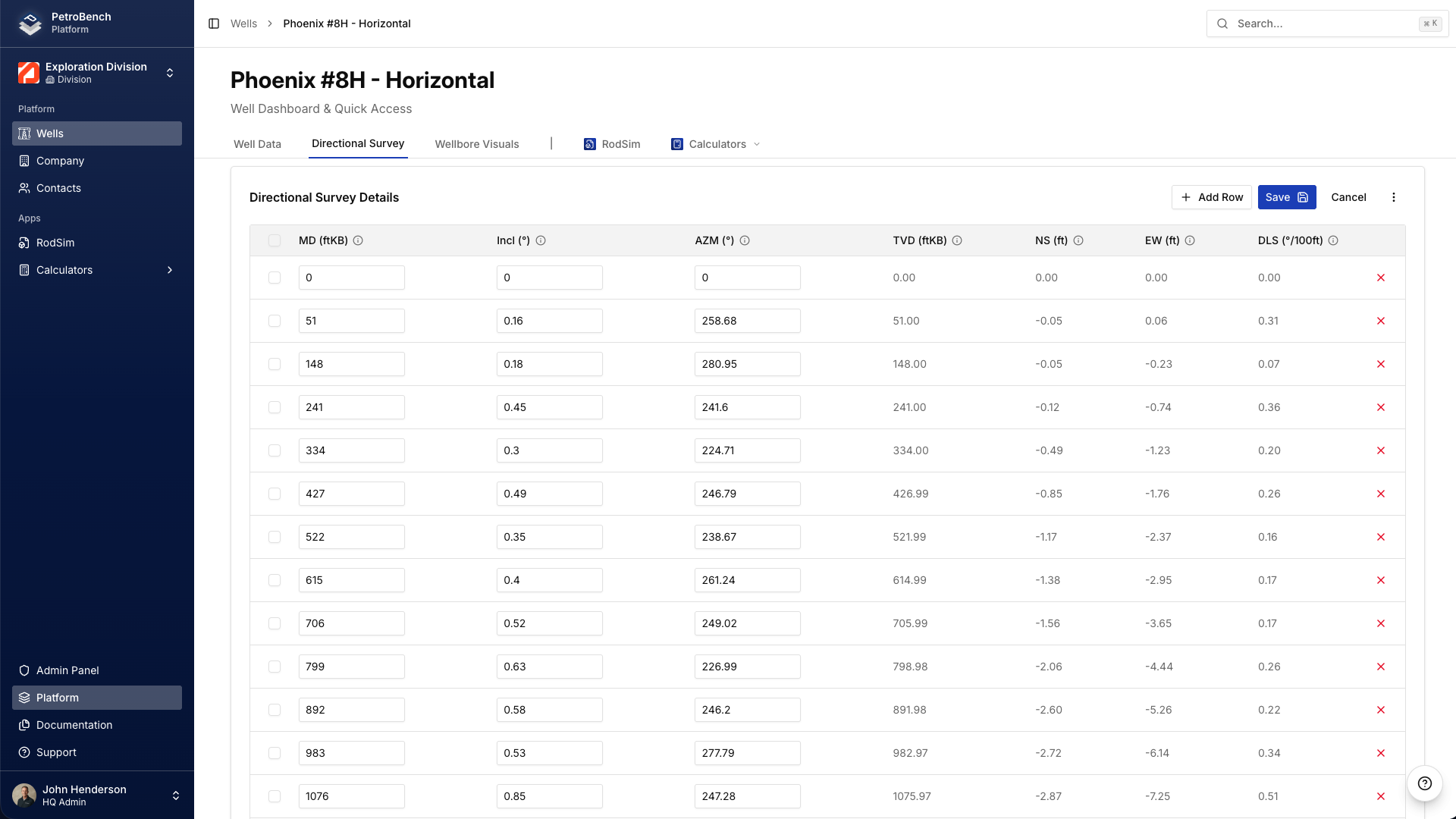 Directional survey data table with measurements