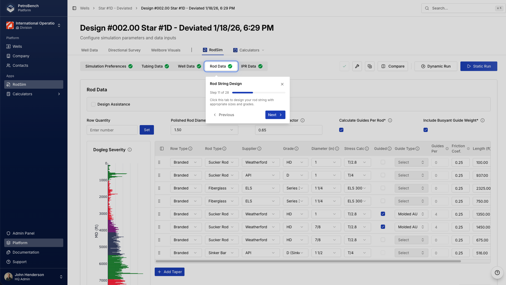 Guided tour step on rod string design screen